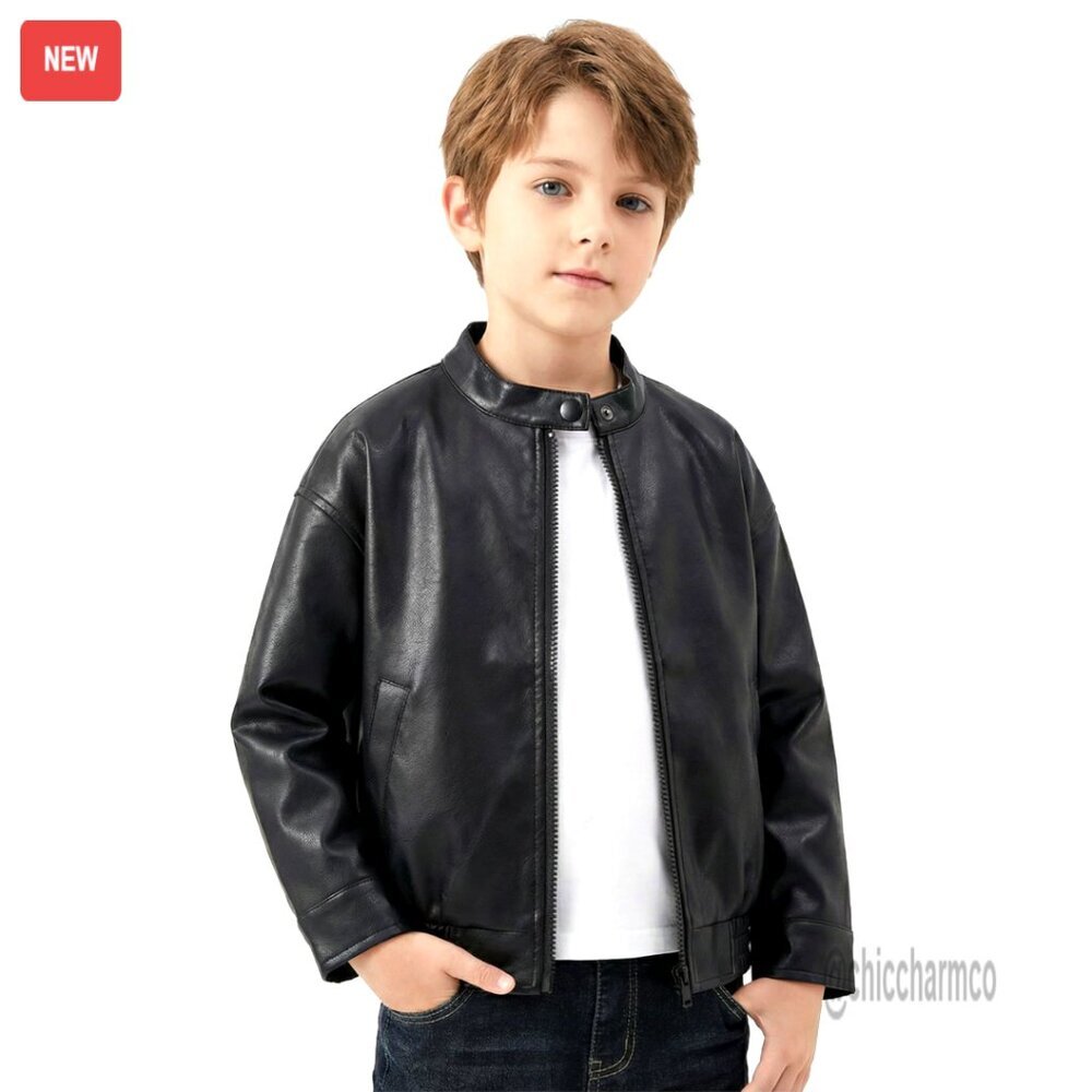 Classic Bomber Jacket Retro Style Kids PU Leather Jacket 50s Attire